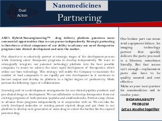 Dual
Action
Nanomedicines
Partnering
ABC’s Hybrid-Nanoengineering™
drug delivery platform generates more
commercial opp...